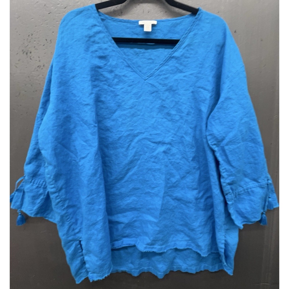 Linen Top Women XL Turquoise Aqua Blue 3/4 Sleeve Tassles Vibrant Lagenlook Boho